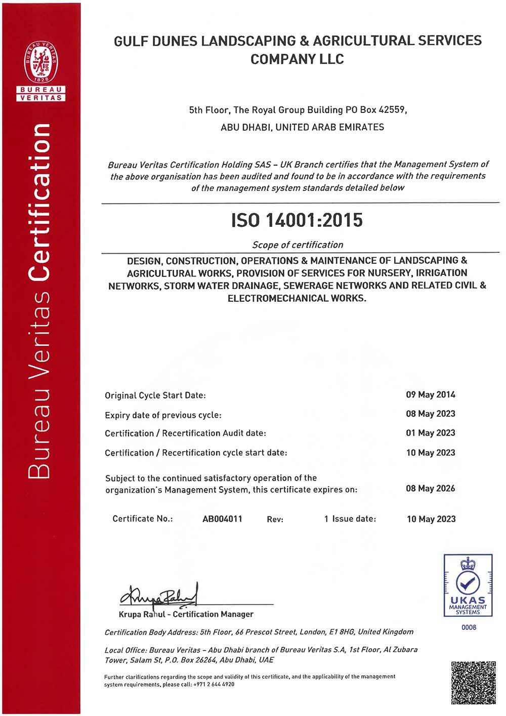 ISO 14001-2015 Certificate – Gulf Dunes Landscaping & Agriculture